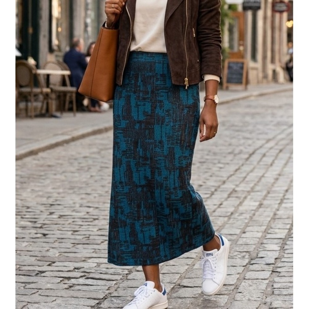 Habitat S Teal Chocolate Brown Abstract Jacquard Knit Column Maxi Skirt Classic